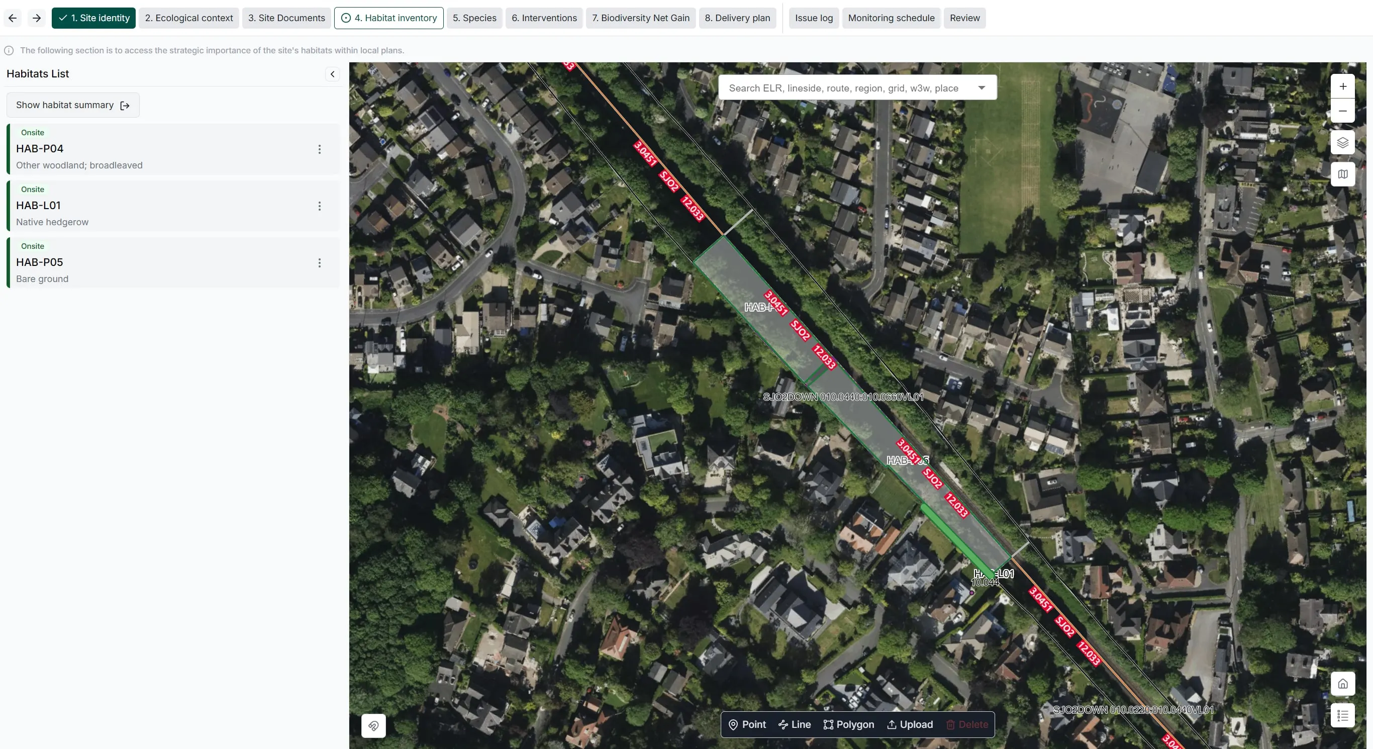ESMapp Habitats habitat inventory: a list of habitat parcels beside an aerial map with the parcels drawn along a railway corridor and a search box for route, region or place.