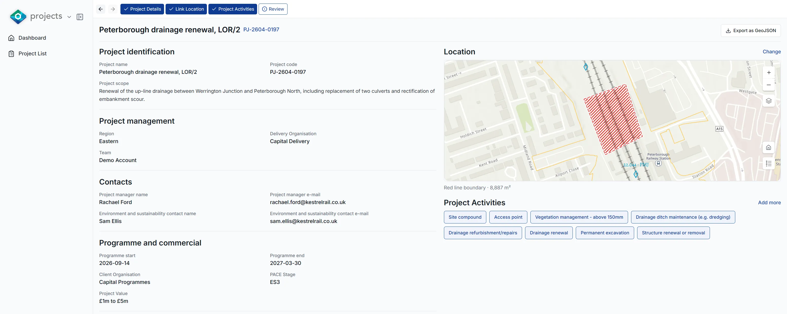 A project record in ESMapp Projects for a drainage renewal at Peterborough: project identification, management, contacts and programme details beside a map of the red-line boundary along the railway, and a set of project activities such as site compound, access point and drainage renewal.