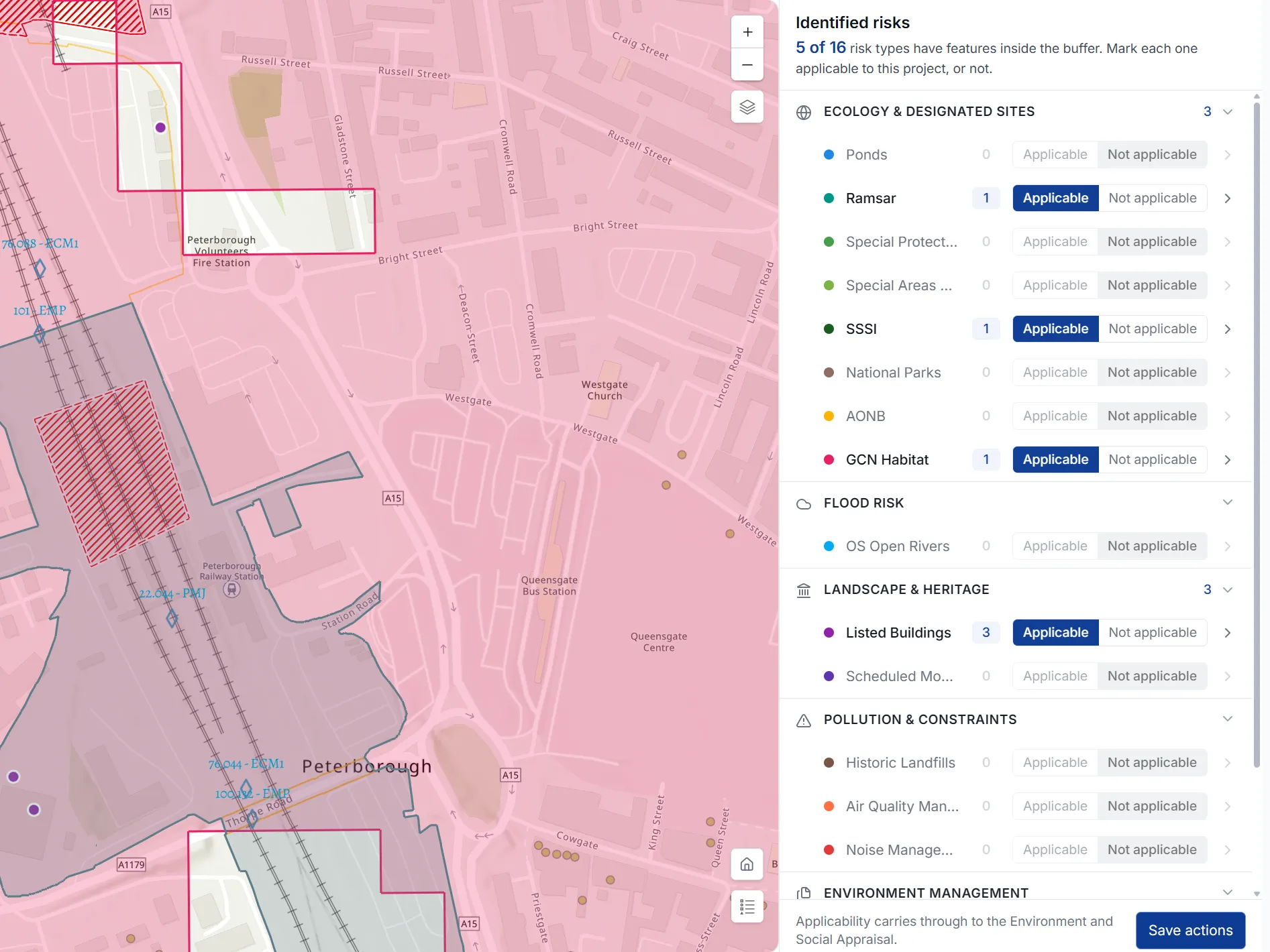 The ESMapp Projects risk map for a drainage renewal at Peterborough: the project's buffer shaded on the map around the railway, beside an Identified risks panel where 5 of 16 risk types fall inside the buffer and each is marked applicable or not applicable, grouped under ecology and designated sites, flood risk, landscape and heritage, and pollution and constraints.