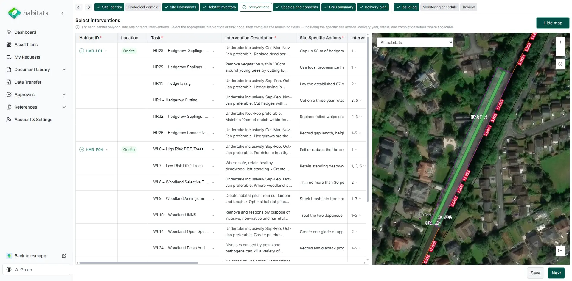 The Habitats interventions table: hedgerow and woodland management tasks against each habitat parcel, each with its task code, timing window and site-specific action.