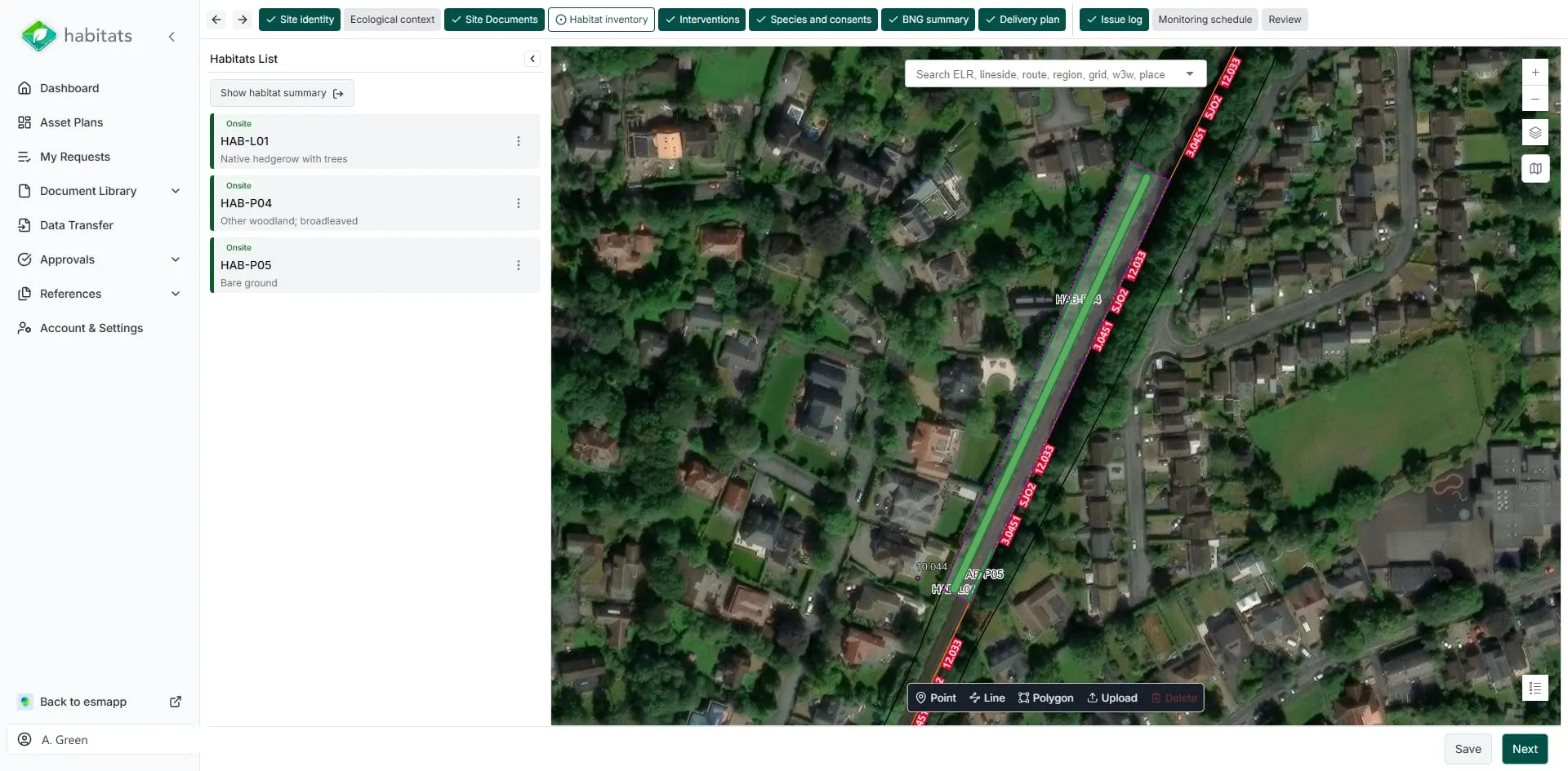 The Habitats habitat inventory: hedgerow, woodland and bare-ground parcels drawn as polygons over aerial imagery of a rail corridor, listed beside the map with their reference codes.
