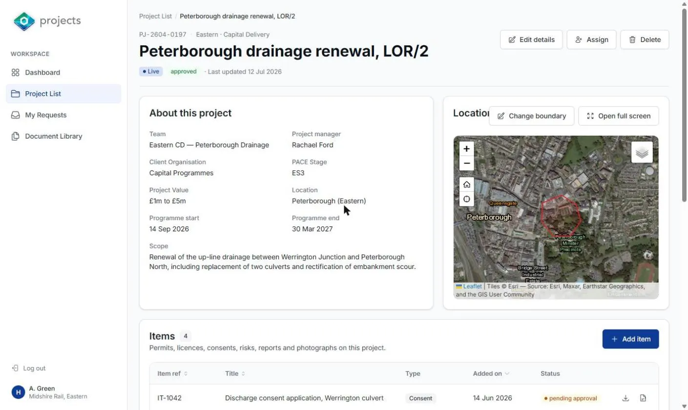 A project record in ESMapp for a drainage renewal scheme, showing team, project manager, client organisation, PACE stage, programme dates and scope alongside a red-line boundary drawn on satellite imagery, above a table of permits, licences and consents.